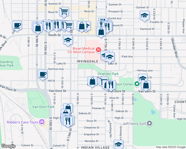 map of restaurants, bars, coffee shops, grocery stores, and more near 2640 South 16th Street in Lincoln