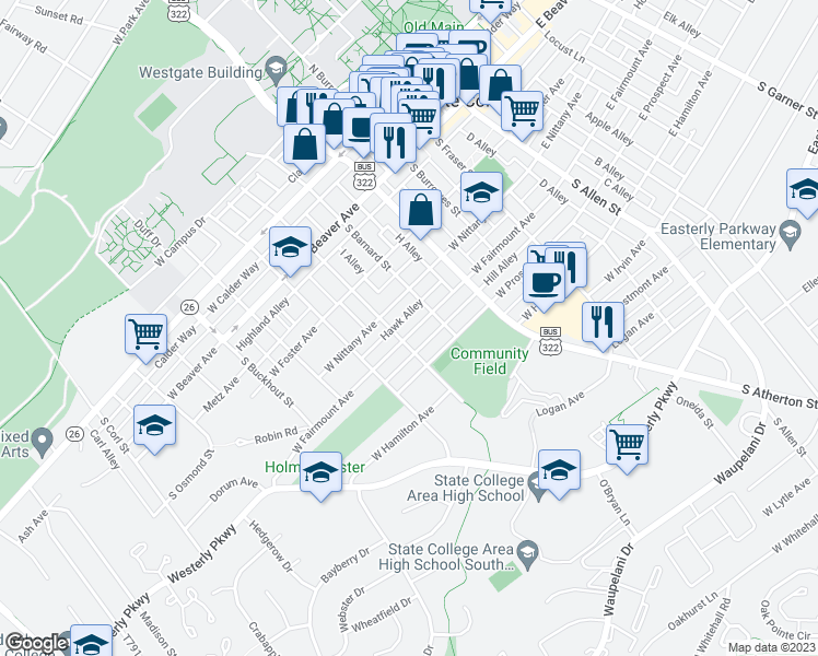 map of restaurants, bars, coffee shops, grocery stores, and more near 527 West Fairmount Avenue in State College