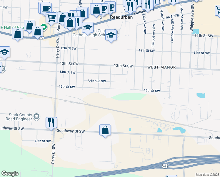 map of restaurants, bars, coffee shops, grocery stores, and more near 1499 Bergold Avenue Southwest in Canton