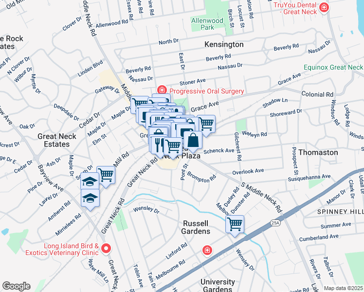 map of restaurants, bars, coffee shops, grocery stores, and more near 23 South Middle Neck Road in Great Neck Plaza