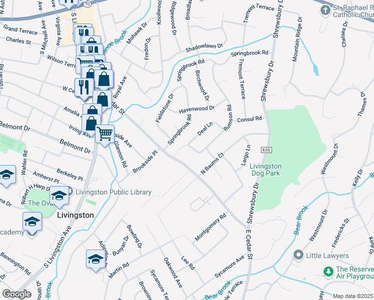 map of restaurants, bars, coffee shops, grocery stores, and more near 4 Rumson Road in Livingston