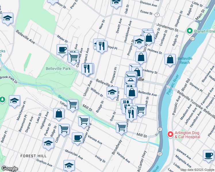map of restaurants, bars, coffee shops, grocery stores, and more near 173 Belleville Avenue in Belleville