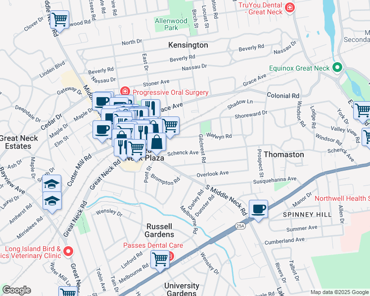 map of restaurants, bars, coffee shops, grocery stores, and more near 21 Schenck Avenue in Great Neck Plaza