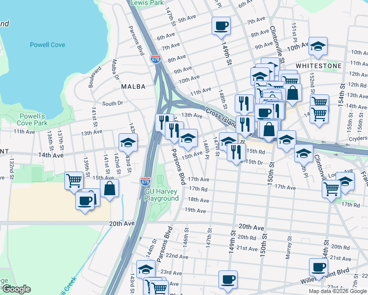 map of restaurants, bars, coffee shops, grocery stores, and more near 14-11 145th Place in Queens