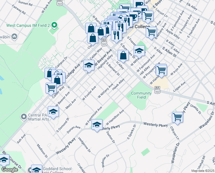 map of restaurants, bars, coffee shops, grocery stores, and more near 623 West Nittany Avenue in State College