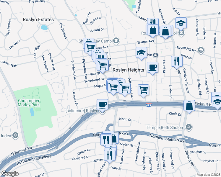 map of restaurants, bars, coffee shops, grocery stores, and more near 177 Mineola Avenue in Roslyn Heights