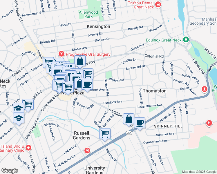 map of restaurants, bars, coffee shops, grocery stores, and more near 117 Schenck Ave in Great Neck