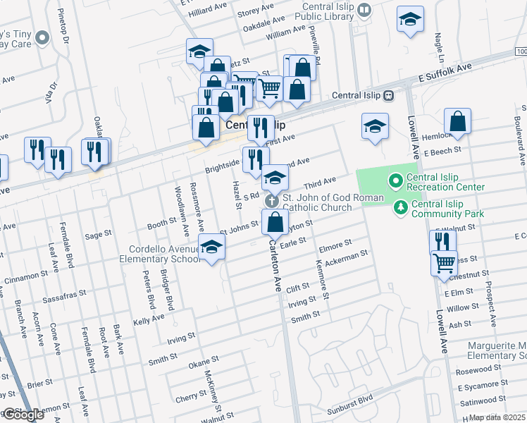 map of restaurants, bars, coffee shops, grocery stores, and more near 83 Carleton Avenue in Central Islip