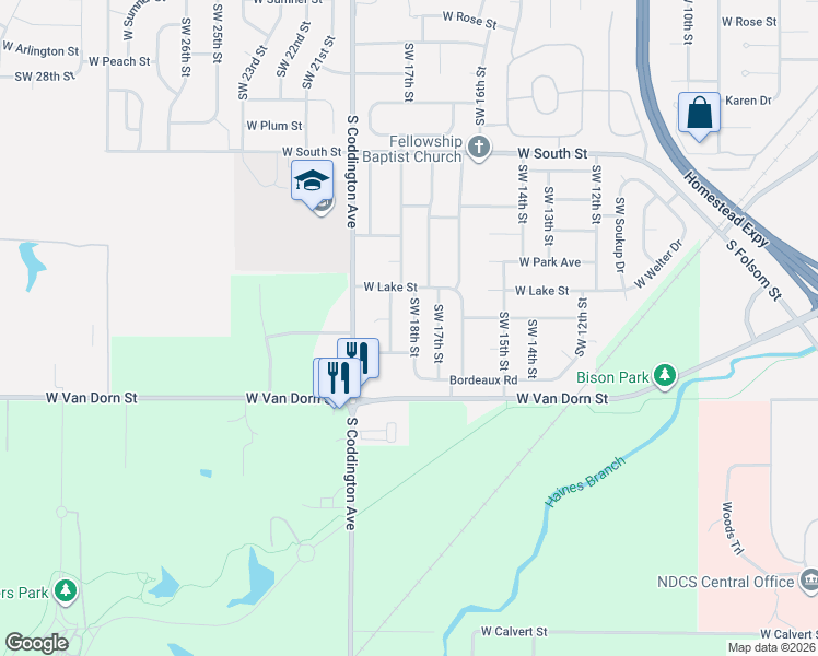 map of restaurants, bars, coffee shops, grocery stores, and more near 2641 Southwest 18th Street in Lincoln