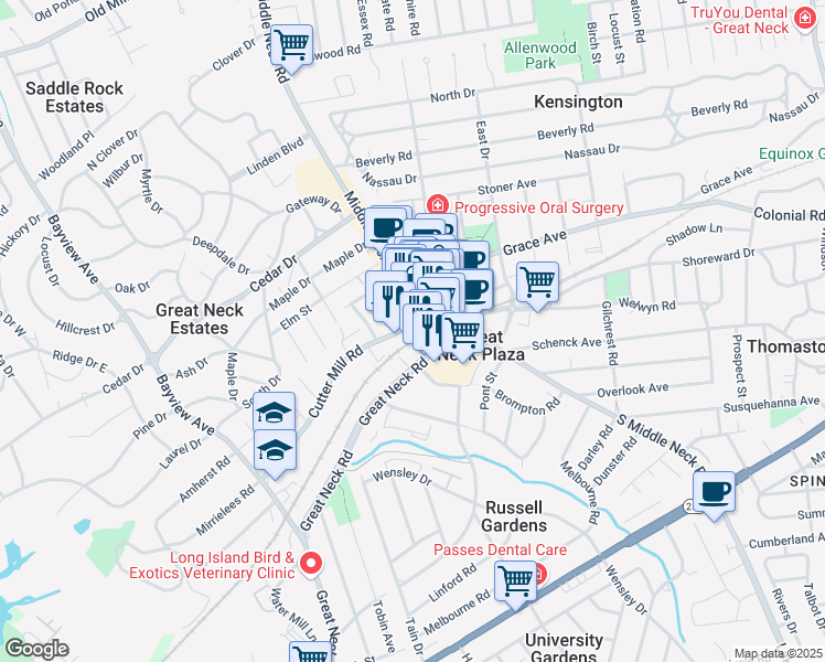 map of restaurants, bars, coffee shops, grocery stores, and more near 33-43 Great Neck Road in Great Neck