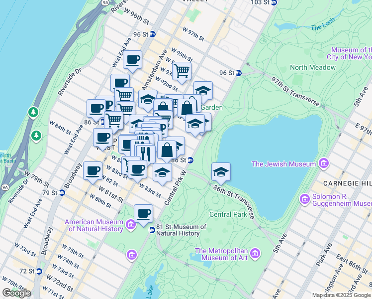 map of restaurants, bars, coffee shops, grocery stores, and more near 14 West 88th Street in New York