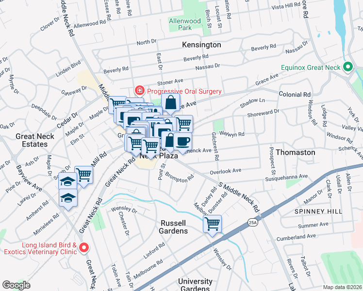 map of restaurants, bars, coffee shops, grocery stores, and more near 11 Schenck Avenue in Great Neck Plaza