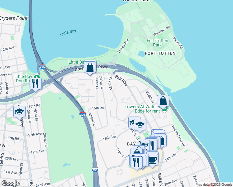map of restaurants, bars, coffee shops, grocery stores, and more near 14-43 212th Street in Queens