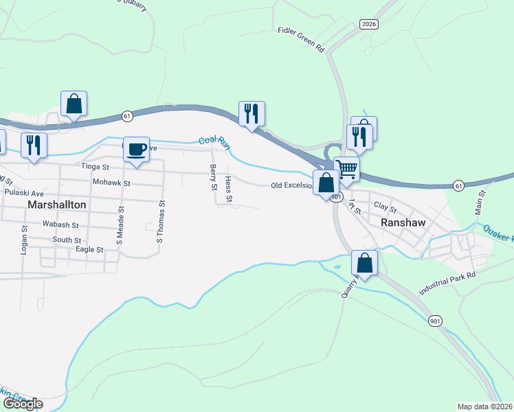 map of restaurants, bars, coffee shops, grocery stores, and more near Pulaski Avenue in Township of Coal