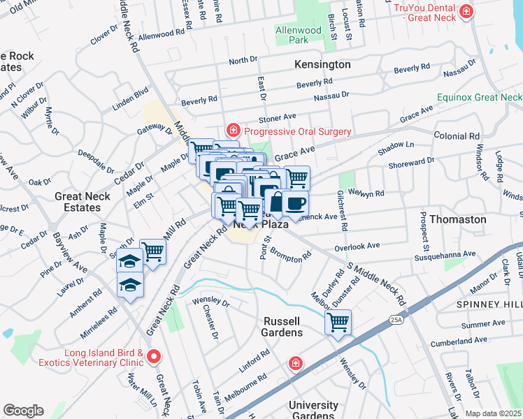 map of restaurants, bars, coffee shops, grocery stores, and more near in Great Neck Plaza