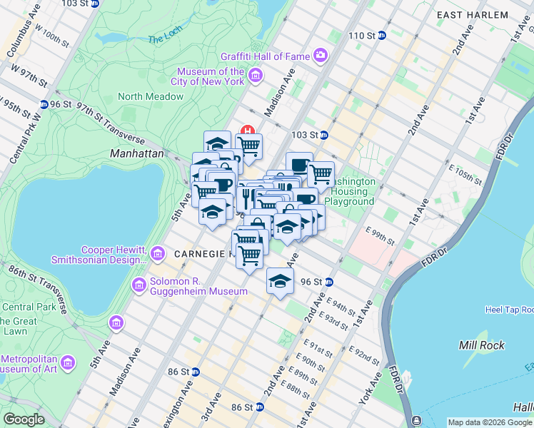 map of restaurants, bars, coffee shops, grocery stores, and more near 119 East 96th Street in New York