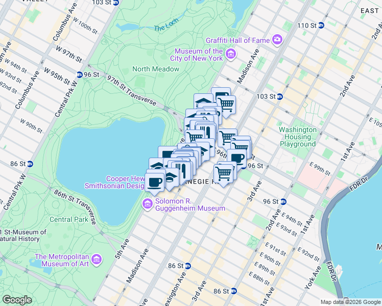map of restaurants, bars, coffee shops, grocery stores, and more near 30 East 95th Street in New York