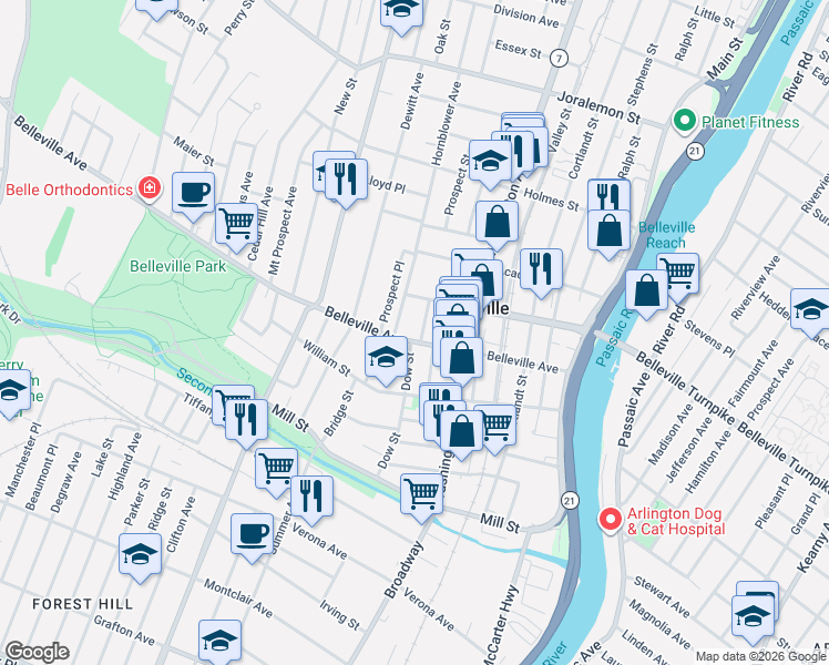 map of restaurants, bars, coffee shops, grocery stores, and more near 140 Belleville Avenue in Belleville