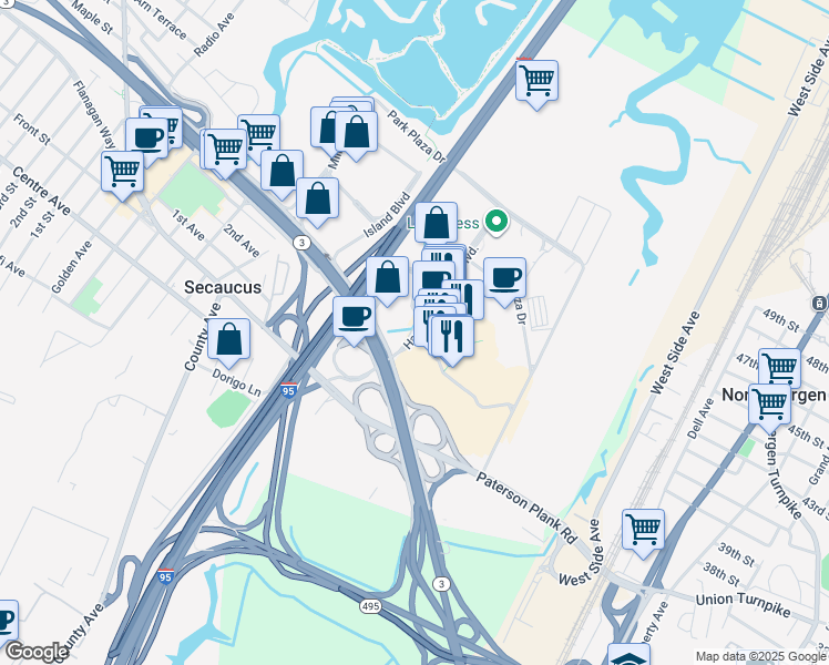 map of restaurants, bars, coffee shops, grocery stores, and more near 150 Harmon Meadow Boulevard in Secaucus