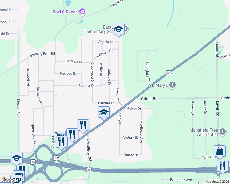 map of restaurants, bars, coffee shops, grocery stores, and more near 1036 Eastview Drive in Mansfield