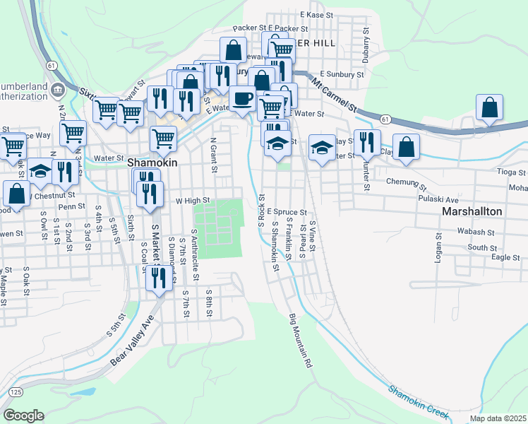 map of restaurants, bars, coffee shops, grocery stores, and more near 101 South Rock Street in Shamokin