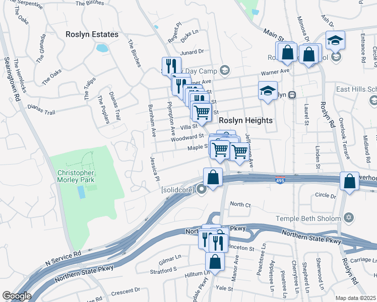 map of restaurants, bars, coffee shops, grocery stores, and more near 107 MacGregor Avenue in Roslyn Heights