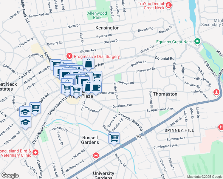 map of restaurants, bars, coffee shops, grocery stores, and more near 21 Schenck Avenue in Great Neck Plaza