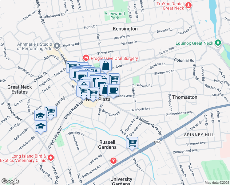 map of restaurants, bars, coffee shops, grocery stores, and more near 15 Schenck Avenue in Great Neck