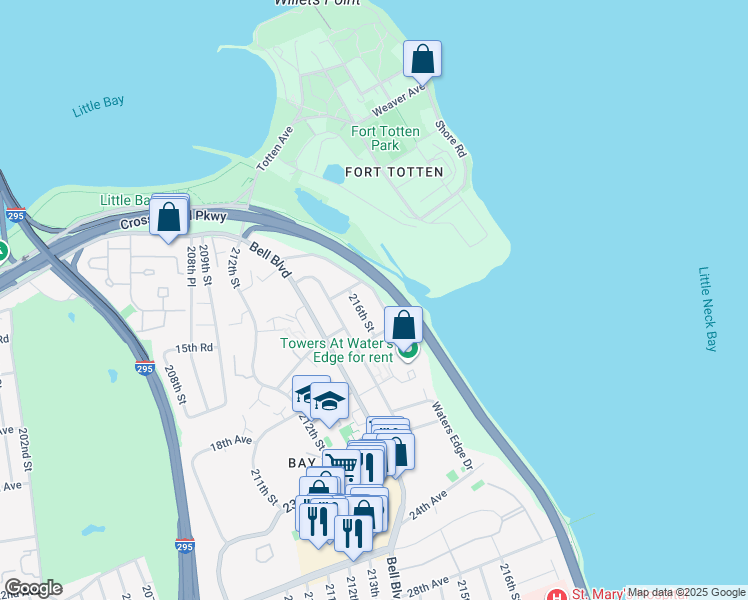 map of restaurants, bars, coffee shops, grocery stores, and more near 1568 Waters Edge Drive in Queens