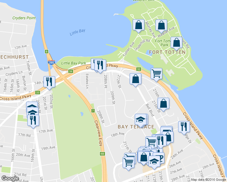 map of restaurants, bars, coffee shops, grocery stores, and more near 4 209th Street in Queens