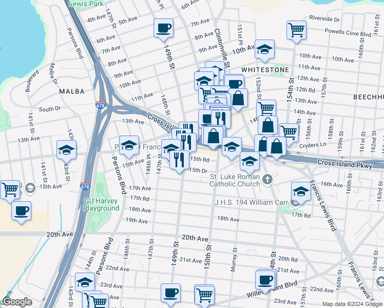 map of restaurants, bars, coffee shops, grocery stores, and more near 149-33 15th Road in Queens