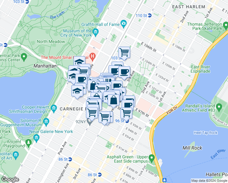 map of restaurants, bars, coffee shops, grocery stores, and more near in New York