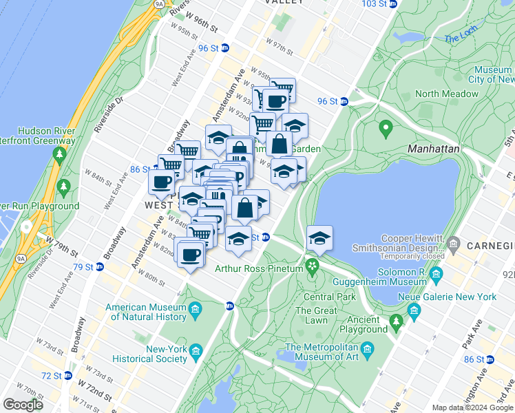map of restaurants, bars, coffee shops, grocery stores, and more near 7 West 87th Street in New York