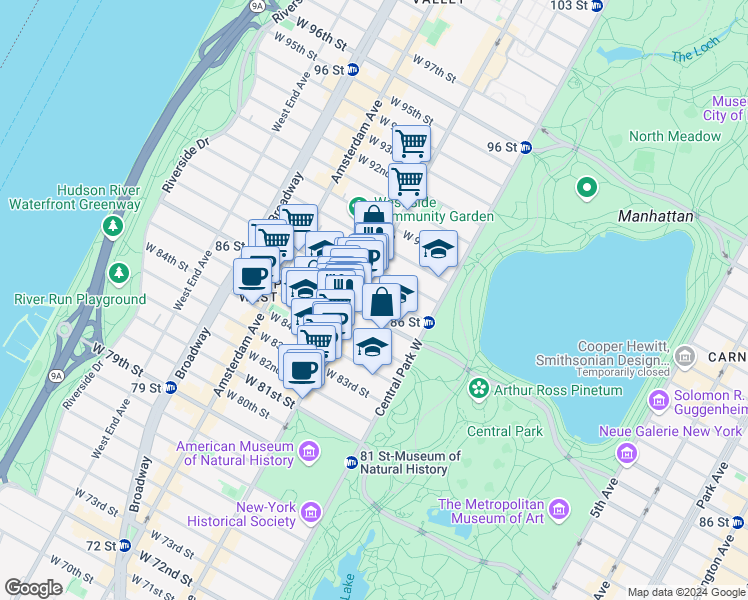 map of restaurants, bars, coffee shops, grocery stores, and more near 50 West 87th Street in New York