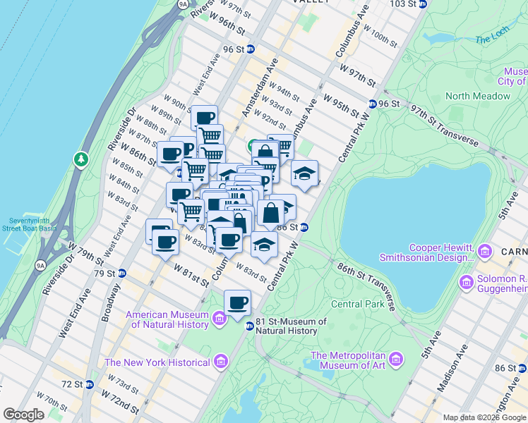 map of restaurants, bars, coffee shops, grocery stores, and more near 50 West 87th Street in New York