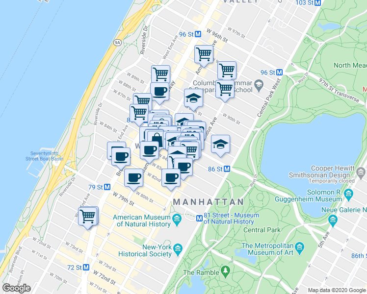map of restaurants, bars, coffee shops, grocery stores, and more near 315 West 87th Street in New York