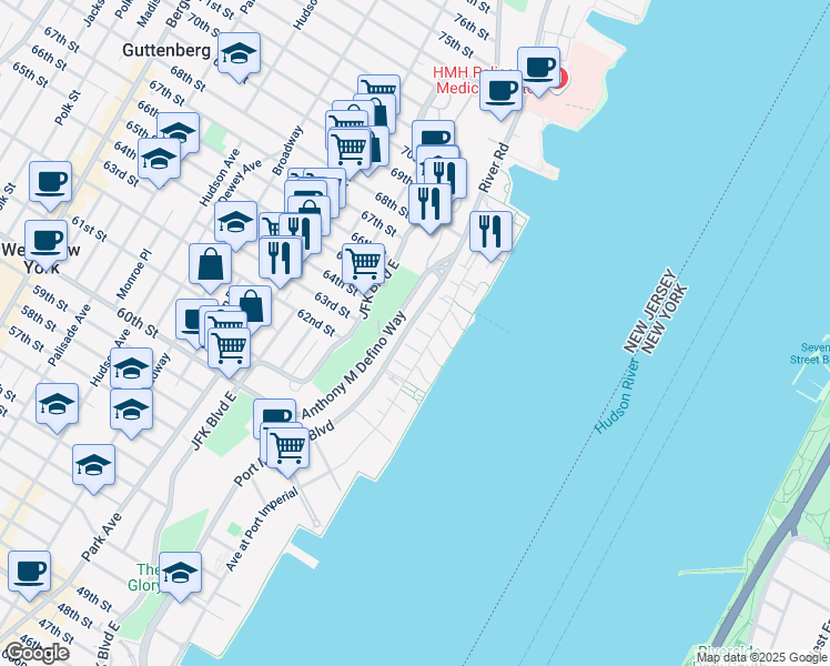 map of restaurants, bars, coffee shops, grocery stores, and more near in West New York