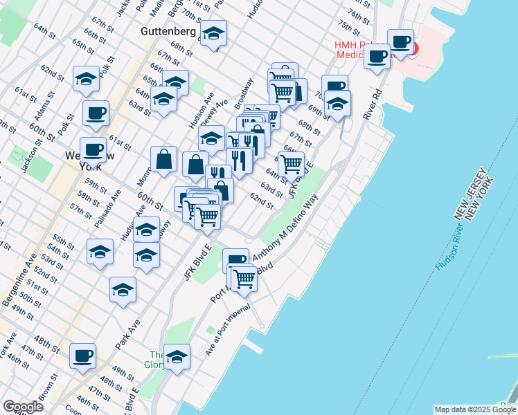 map of restaurants, bars, coffee shops, grocery stores, and more near 6114 Highland Place in West New York