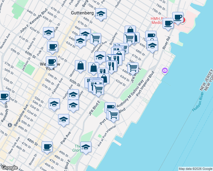 map of restaurants, bars, coffee shops, grocery stores, and more near 6100 Monitor Place in West New York