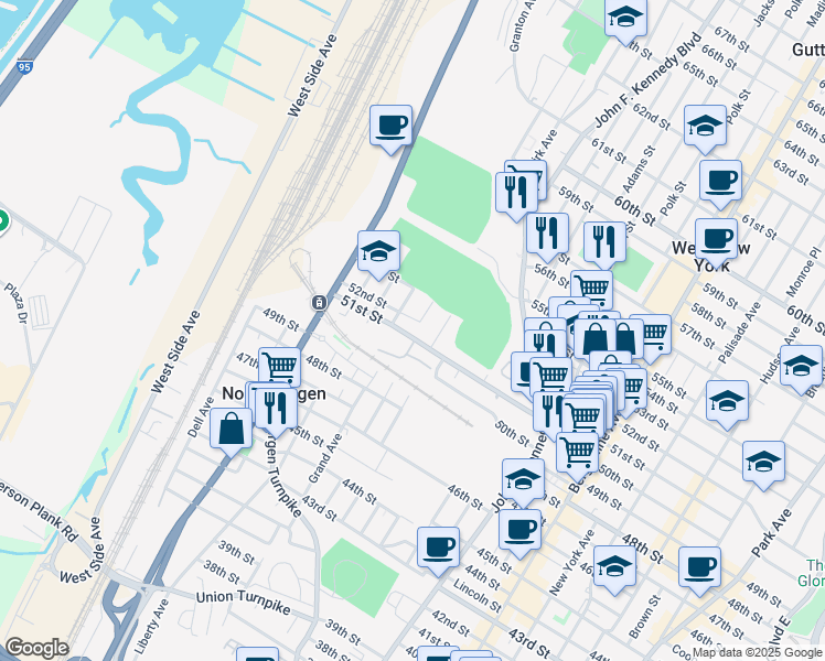 map of restaurants, bars, coffee shops, grocery stores, and more near 1453 51st Street in North Bergen