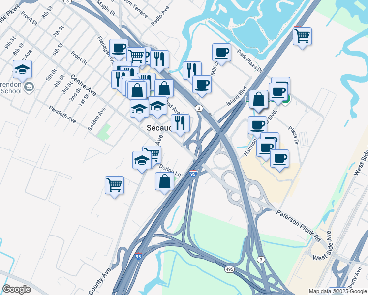 map of restaurants, bars, coffee shops, grocery stores, and more near 1151 Paterson Plank Road in Secaucus