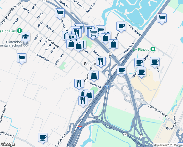 map of restaurants, bars, coffee shops, grocery stores, and more near 734 County Avenue in Secaucus