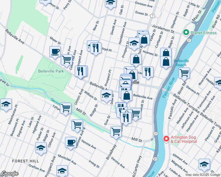 map of restaurants, bars, coffee shops, grocery stores, and more near 140 Belleville Avenue in Belleville
