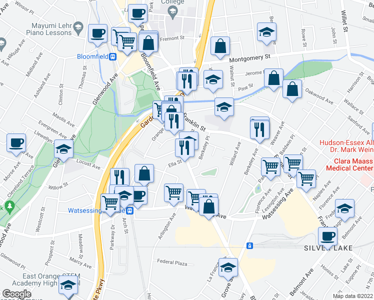 map of restaurants, bars, coffee shops, grocery stores, and more near 351 Bloomfield Avenue in Bloomfield