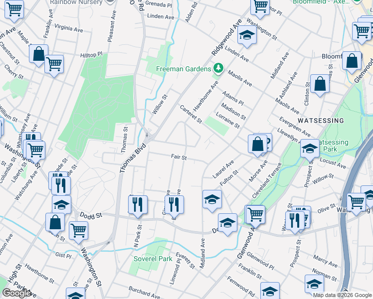 map of restaurants, bars, coffee shops, grocery stores, and more near 58 Fair Street in East Orange