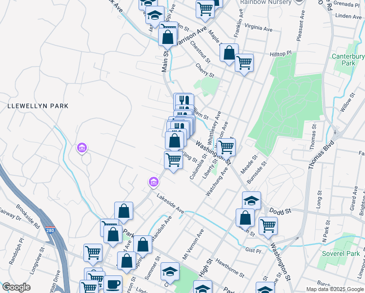 map of restaurants, bars, coffee shops, grocery stores, and more near 261 Main Street in West Orange