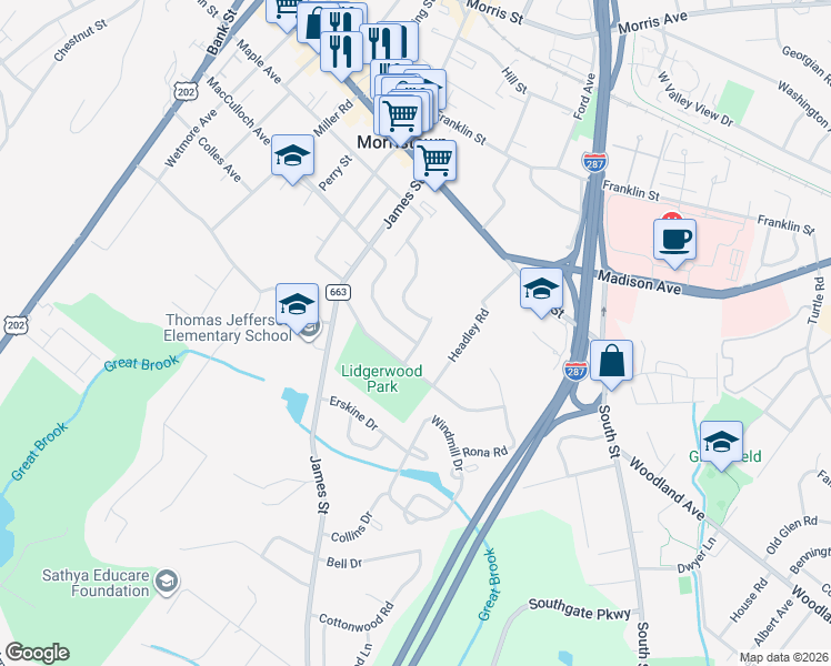 map of restaurants, bars, coffee shops, grocery stores, and more near 55 Dogwood Road in Morristown