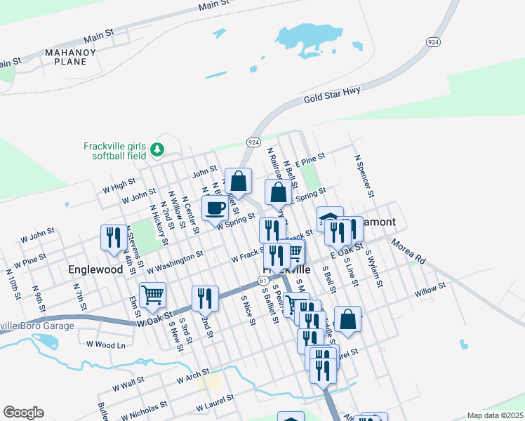 map of restaurants, bars, coffee shops, grocery stores, and more near 65 North Lehigh Avenue in Frackville