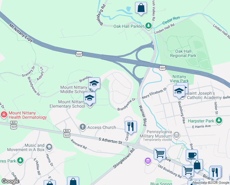 map of restaurants, bars, coffee shops, grocery stores, and more near 348 Florence Way in State College