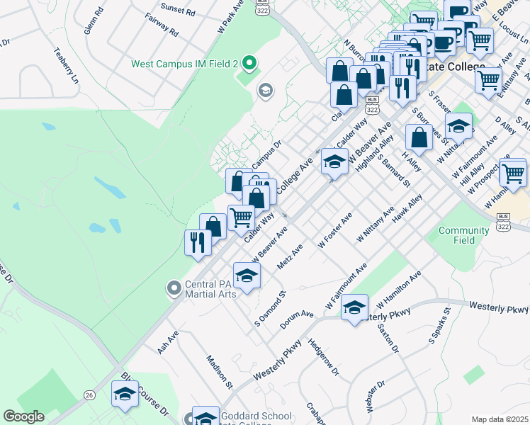 map of restaurants, bars, coffee shops, grocery stores, and more near 906 West College Avenue in State College